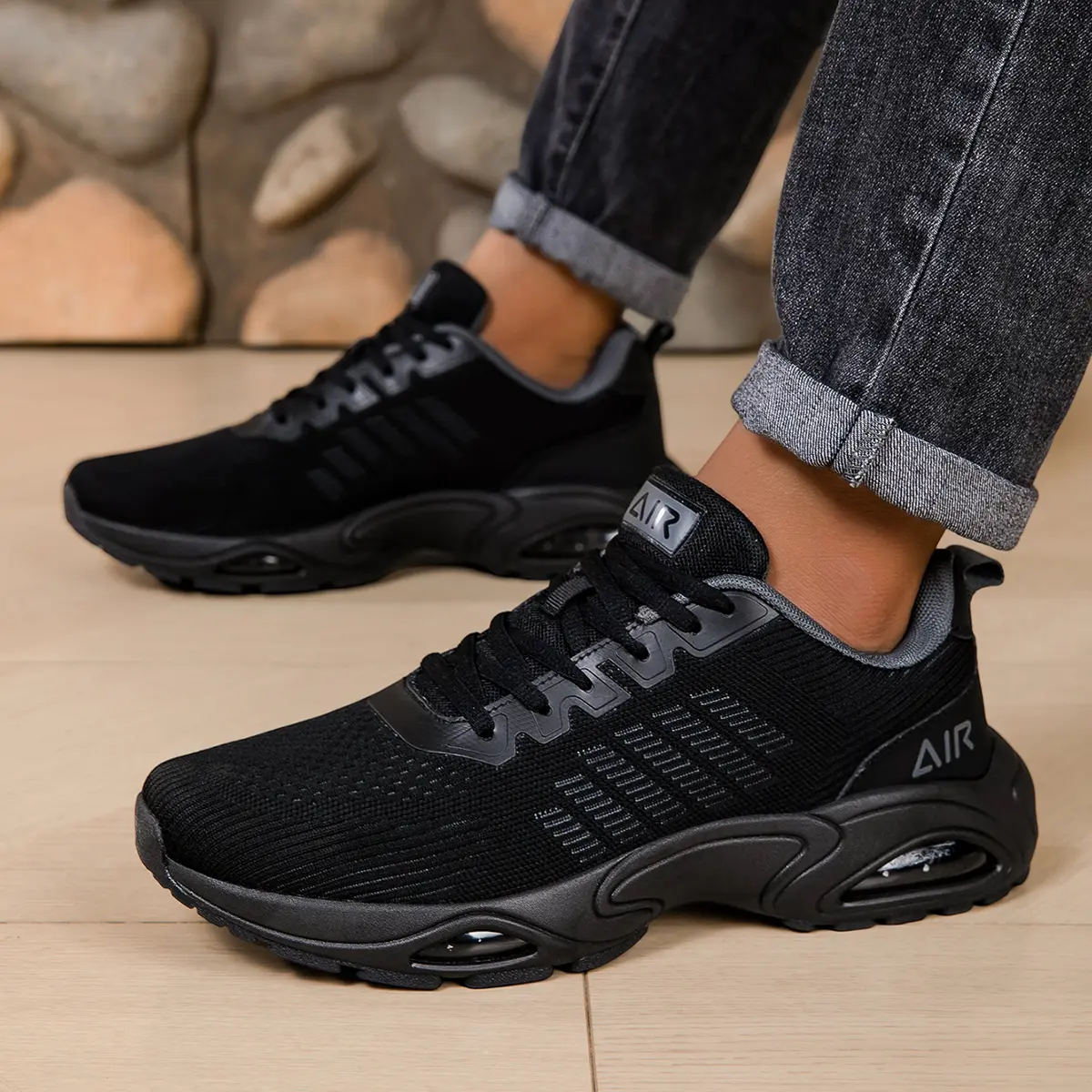Men's Black Casual Trainers - Airmesh Upper, Front-Laced Braid, Round Toe, Rubber Sole, Cushioned Walking Shoes for Training, Athletic Walking Footwear, Athletic Soft Breathable