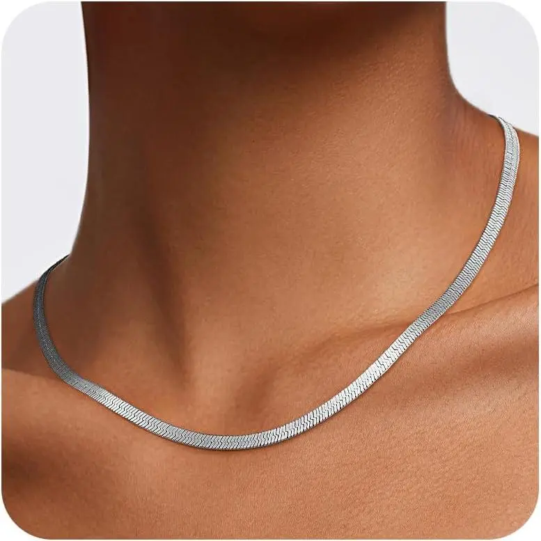 Silver/Gold Plated Herringbone Necklace for Women, 3mm 4mm 5mm Necklace for Women, Non-Fading Women's Herringbone Chain Necklaces 16 18 20 22 24 Inch
