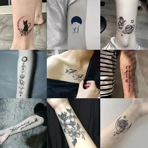 A set includes 9 large pattern herbal tattoo stickers featuring minimalist flowers, cats, English, tigers, planet elements, and other styles. They last for 7-15 days, are waterproof and durable with realistic effects, suitable for those who are afraid of