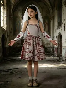 Dark Zombie Bride Inspired Dress with Bloodstain Print and Veil, Perfect for Halloween Parties and Stage Performances