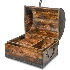 Treasure Chest Box with Removable Tray, Wooden Treasure Box for Storage, Keepsakes & ,  Pirate Chest Decor, Solid Hardwood Decorative Storage (Large - 14x10x10 inches)