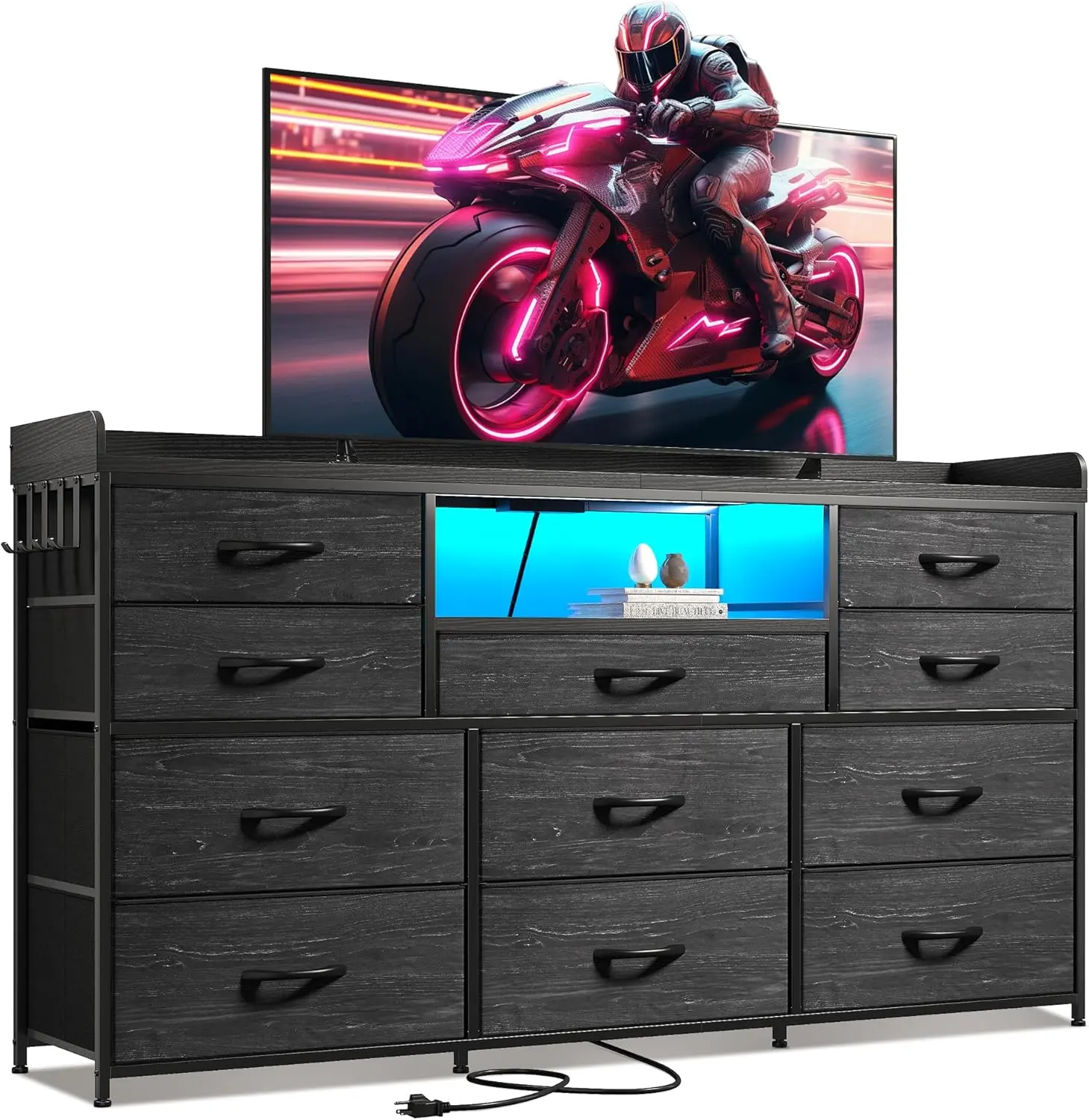 【Hot seller On Sale】Raybee Dresser for Bedroom with 8/11 Drawers, Up to 60" TV Stand for Bedroom with LED Lights & Charging Station, Sturdy Dresser with Shelves & 4 Hooks Sturdy Metal Frame & Fabric Drawers, Ideal Home Organizer for Bedroom,Hallway