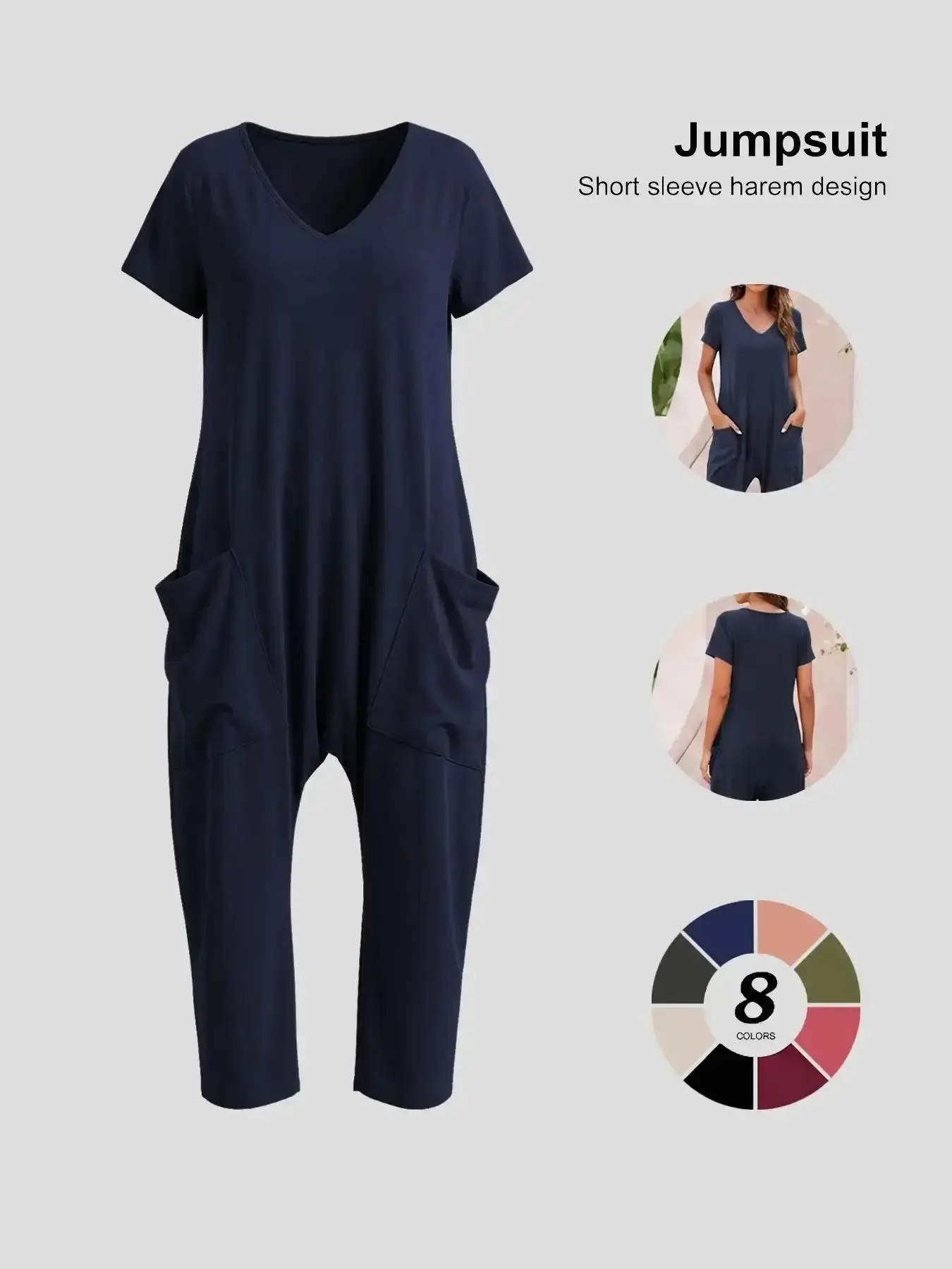 Women's Stunning Basic Oversized V-Neck Jumpsuit, Short Sleeve Harem Romper with Pockets, Loose Fit, Baggy, Solid Color, Spring & Fall Casual Loungewear, one-piece wonder, effortless chic, streamlined style