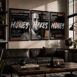 3 Counts/set Wooden Framed Money Makes Money Canvas Posters, Money Wall Art, Artistic Inspirational Dollar Bill Pop Art, Retro Aesthetic Money Themed Wall Decor, Trendy Vintage HD Printed Wall Art, Wall Decor Living Room, Bedroom, Office, Dorm, Apartment,