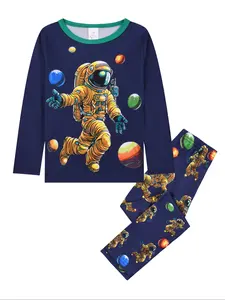 Kids Astronaut Galaxy Pattern Print Long Sleeve Top & Pants Set, Casual Loose Fit Home Wear, All Seasons Comfortable Sleepwear, 2 Piece