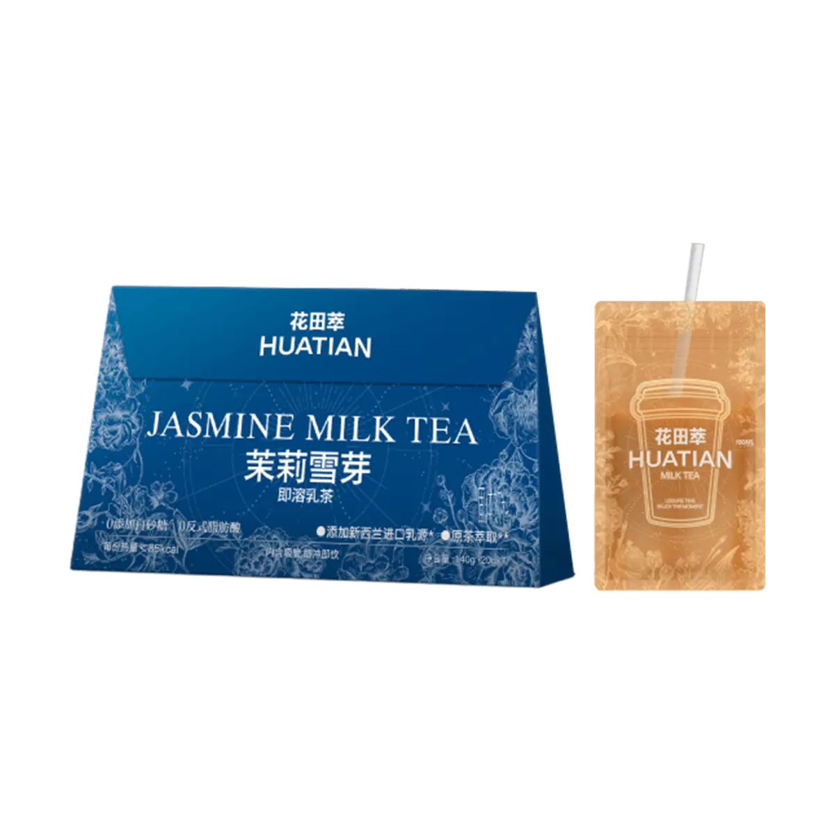 HUATIAN Jasmine Snow Bud Milk Tea 7 Bags 4.94 oz - 0 Sugar, Zero Trans Fat, Instant Boba Tea, Portable Pouches