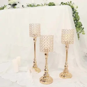 Set of 3 Gold Crystal Beaded Goblet Votive Candle Holder Stands 18", 16", 14" - Tea Light Centerpiece