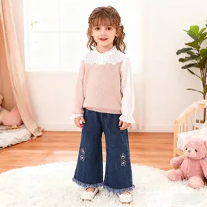 New Spring Autumn Winter Girls' Outfit Exquisite Floral Embroidery Design Raw Edge Versatile Everyday Denim Wide Leg Flared Pants Sweet Lady Cute Style A Must-Have For Dressing Up In Daily Life Suitable For All Occasions