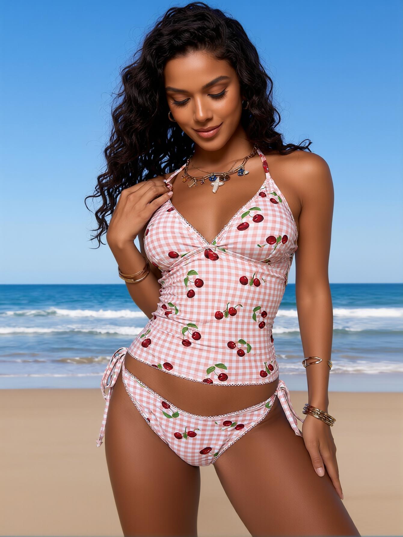 2026 summer cute pink plaid cherry print two-piece swimsuit set V-neck halter swimwear two-piece set perfect for beach vacation, pool party