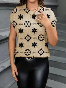 Geometric Letter Print Round Neck Sweater, Casual Everyday Fitted Short Sleeve Comfy Knitting Top for Spring Summer Fall, Comfortable Warm Women's Clothing