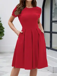 Women's Elegant Slim Fit Knee-Length Dress, Round Neck Solid Color Design, Perfect for Casual & Formal Occasions