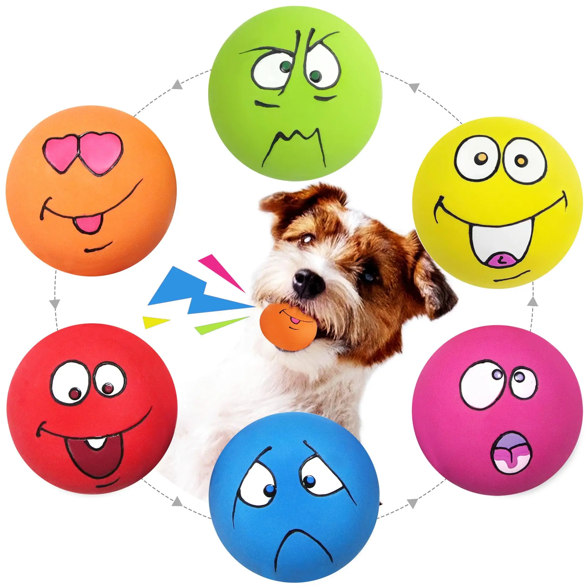 Latex Dog Chewing Squeaky Ball Toy, 6 Counts/set Multicolor Face Fetch Play Toy for Puppy, Pet Supplies, Dog & Cat Accessories, Christmas Gift