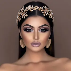 Elegant Golden Wedding Hair Band - Alloy Leaves, Pearls & Crystals, Vintage-Inspired Bridal Headpiece for Brides and Bridesmaids, Sophisticated Style