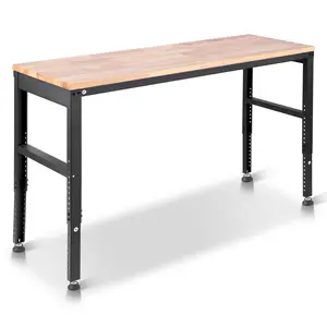 Workbench Adjustable Height, 61" x 20" Garage Table w/ 27.1" - 36" Heights & 2000 LBS Load Capacity, with Power Outlets & Hardwood Top & Metal Frame & Foot Pads, for Workshop Office Home