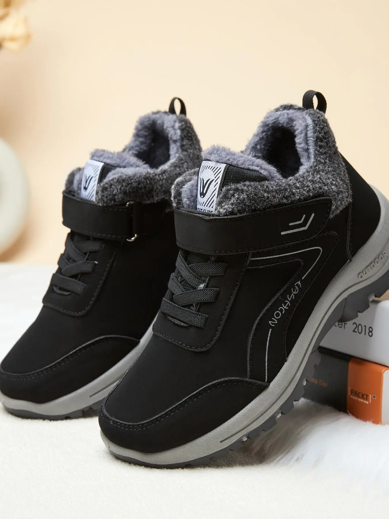 Women's Solid Color Velcro & Lace Up Design Snow Boots, Casual Comfortable Ankle Boots for Winter, Female All-match Round Toe Boots for Daily Wear, Wo