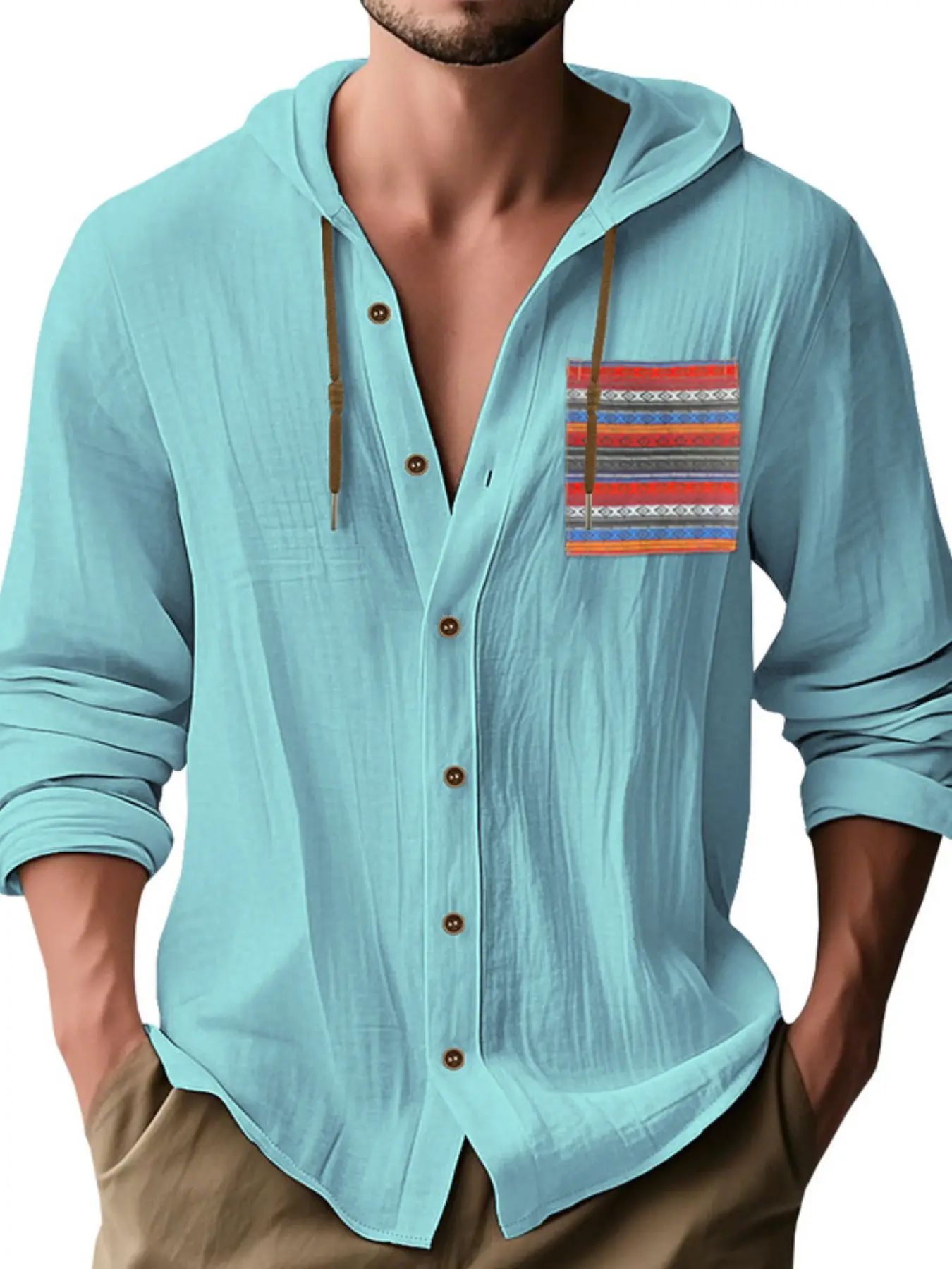Men's Boho Bohemian Linen Long Sleeve Shirt, Breathable Loose Fit Hooded Top, Casual Summer Fashion, Trendy Men's Clothing, 2026