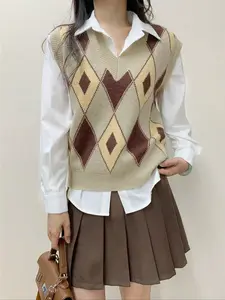 Fall Campus Style Cream Color Checked Crochet Knit Sweater Vest, Cozy Layering Top for Autumn & Spring, Trendy Women's Fashion