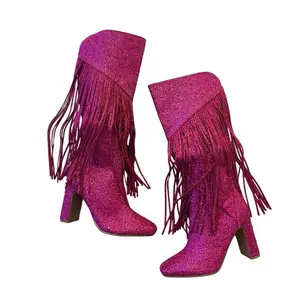 Mirtha Stand Out Full Stone Fringe Western Boots - Stylish Pointed Toe Winter Shoes with Zip Closure & Vibrant Pink Color