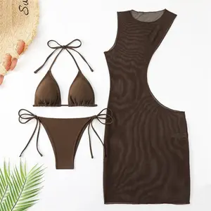 Brown Mesh Cover Ups Swimwear 3 Piece Bikinis Sets Sexy Swimsuit Women 2026 String Halter Triangle Micro Bikini Thong Beachwear