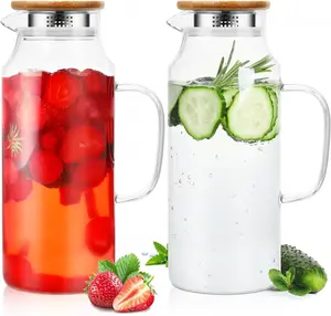 2 Pcs Glass Pitcher Water Pitcher with Lid Hot Cold Water Pitcher Bedside Water Carafe with Handle Heat Resistant Borosilicate Glass Jug for Fridge Beverage Carafe (68 oz,Stainless Steel, Bamboo)