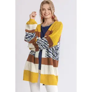 Umgee Full Size Color Block Open Front Longline Cardigan Plus Size Clothes