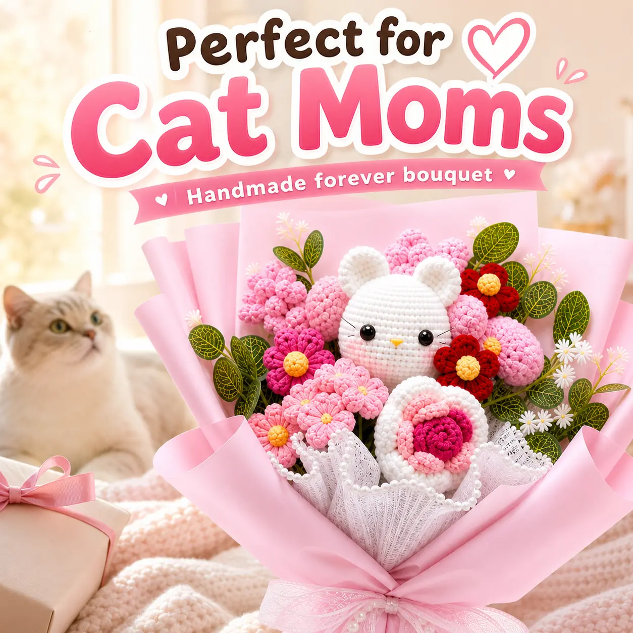 Timeless Handmade Crochet Cat Bouquet—soft, elegant knitted flowers perfect for Mother’s Day, Valentine’s Day, birthdays, weddings, and more; also ideal for room decor, tabletop displays, and creating a romantic atmosphere.