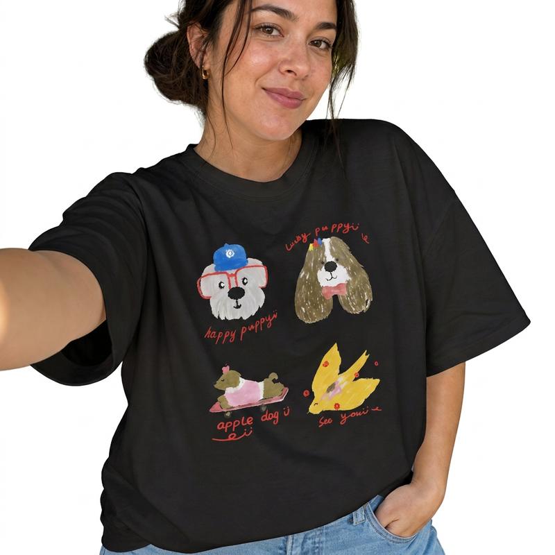 Cute Hand Drawn Puppy Graphic Women's 100% Cotton Tee Whimsical Doodle Dog Everyday Shirt