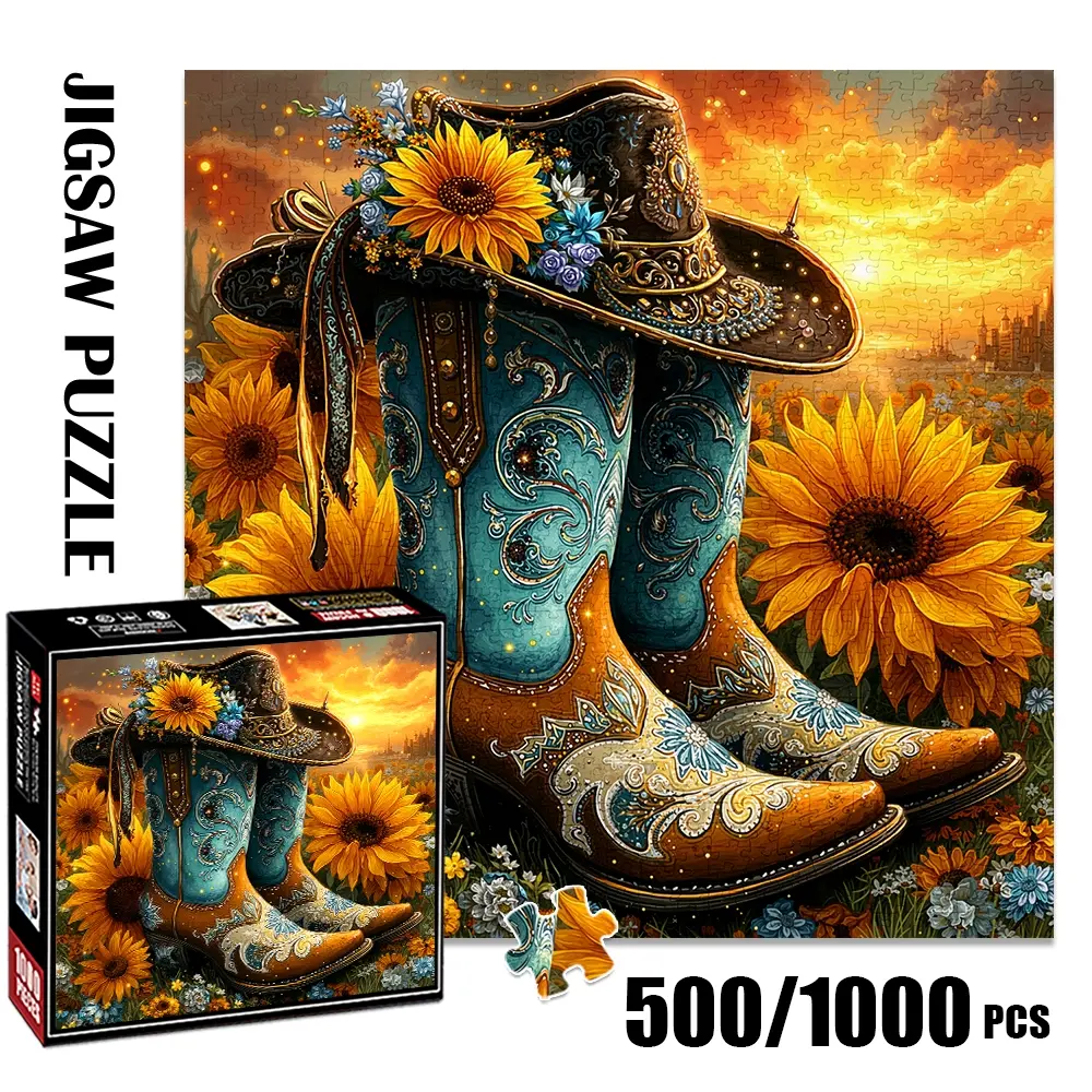 1pc 1000 piece adult puzzle 58x58cm Embroidered Cowboy Boots and Embellished Hat with Sunflowers 500 pieces of paper puzzle, suitable for adults and families, large-scale DIY puzzle interactive toy Jigsaw Puzzles