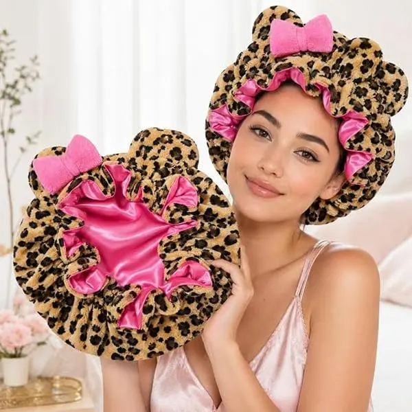 Leopard Satin Sleep Bonnet With Cute Cat Ears For Women, Adjustable Elastic Strap, Soft Plush Exterior & Pink Satin Inner Lining, Anti-Frizz Hair Protector For Curly Natural Braided Hair