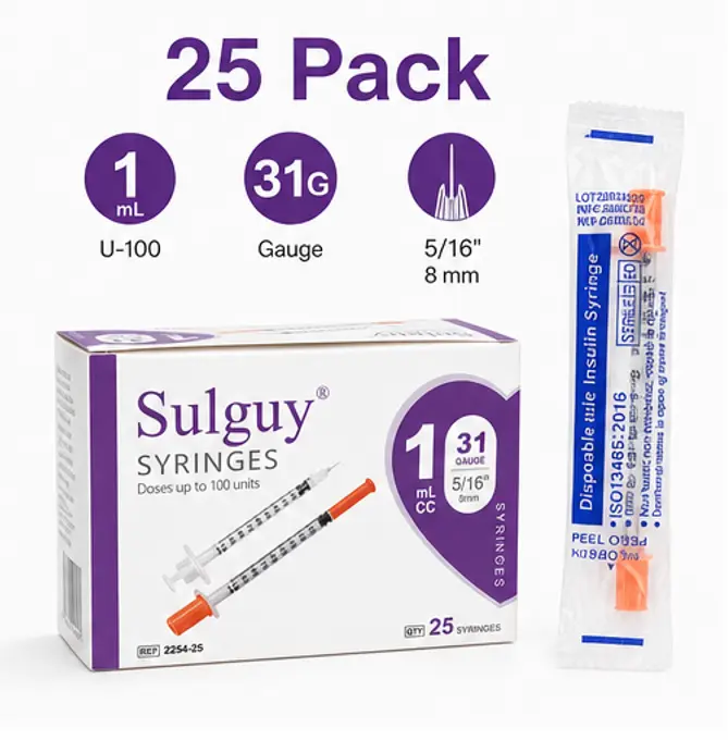 Sulguy 1mL U-100 31G 8mm Syringes with Needle, Home & Lab Use & Camping Essentials, Clear Barrel, Bold Scale, Smooth Plunger Movement with back-end stopper, Leak-Proof Design