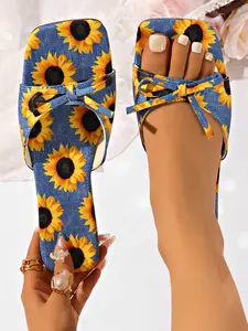 Women's Sunflower Denim Flat Sandals, Square Toe Open Toe Summer Slides, Bohemian Bow Ballet Style Sandals, Lightweight Comfortable Shoes, Natural Elements Trendy Versatile Beach Party Sandals for Casual, Outdoor, Vacation.