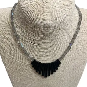 Onyx & Labradorite Gemstones Necklace Lariat in Sterling Silver Silver