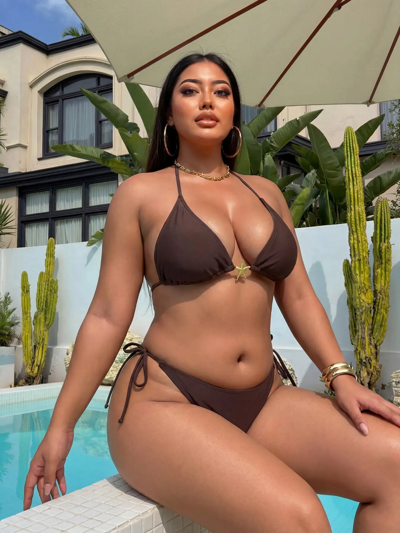 New Metal Circle Sparkle High-End Sexy Fashion Halter Tie Belt Solid Color Plus Size Bikini Two-Piece Swimsuit Halter Bikini Swimwear Set, Casual Style All Seasons Halter Neck Bikini Bikini Beachwear