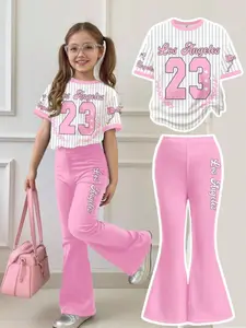 Teenage Girls Two-Piece Set, Bright Bow Striped Letter & Butterfly Print Short T-Shirt and Bell Bottoms, Casual Summer