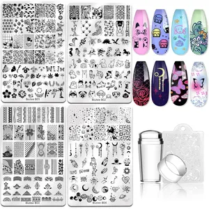 Biutee Nail Stamping Plate Kit Nail Art Stamp Plate Jelly Stamper Scraper Large Sky Star Universe Lace Flower Animal Holiday Design DIY Manicure Template Spring 7Pcs