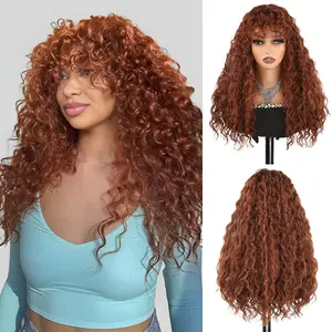 Auvzy Hair 20 Inch Synthetic Hair Curly Wig With Bangs Ginger Brown Effortless Shaggy Waves Big Hair Curly Hair Wig Ready To Wear