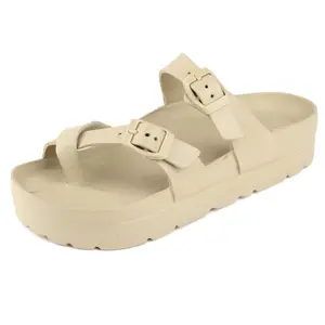 Women's arch support waterproof platform sandals, comfortable slippers, thick sole, flat sole sandals with adjustable buckle cushioning