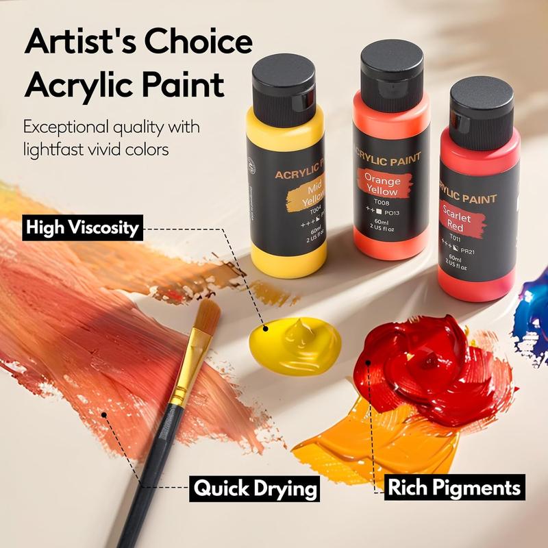 Acrylic Paint Set (2 oz/Bottles) with 12 Art Brushes, Premium Art Supplies for Canvas, Wood, Ceramic & Fabric, Rich Pigments for Beginners, Students & Professional Artists, Valentinesdaygift