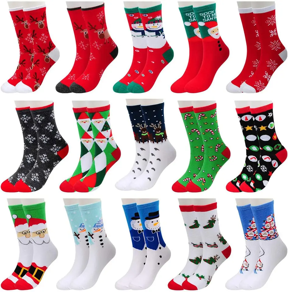 15 Pairs Women's Christmas Socks Gifts for Women Girls Funny Novelty Colorful Cotton Holiday Crew Socks