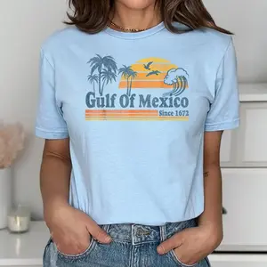 Vintage Gulf of Mexico Beach Graphic T-Shirt Retro Gulf Coast Palm Tree Sunset Casual Crew Neck Tee