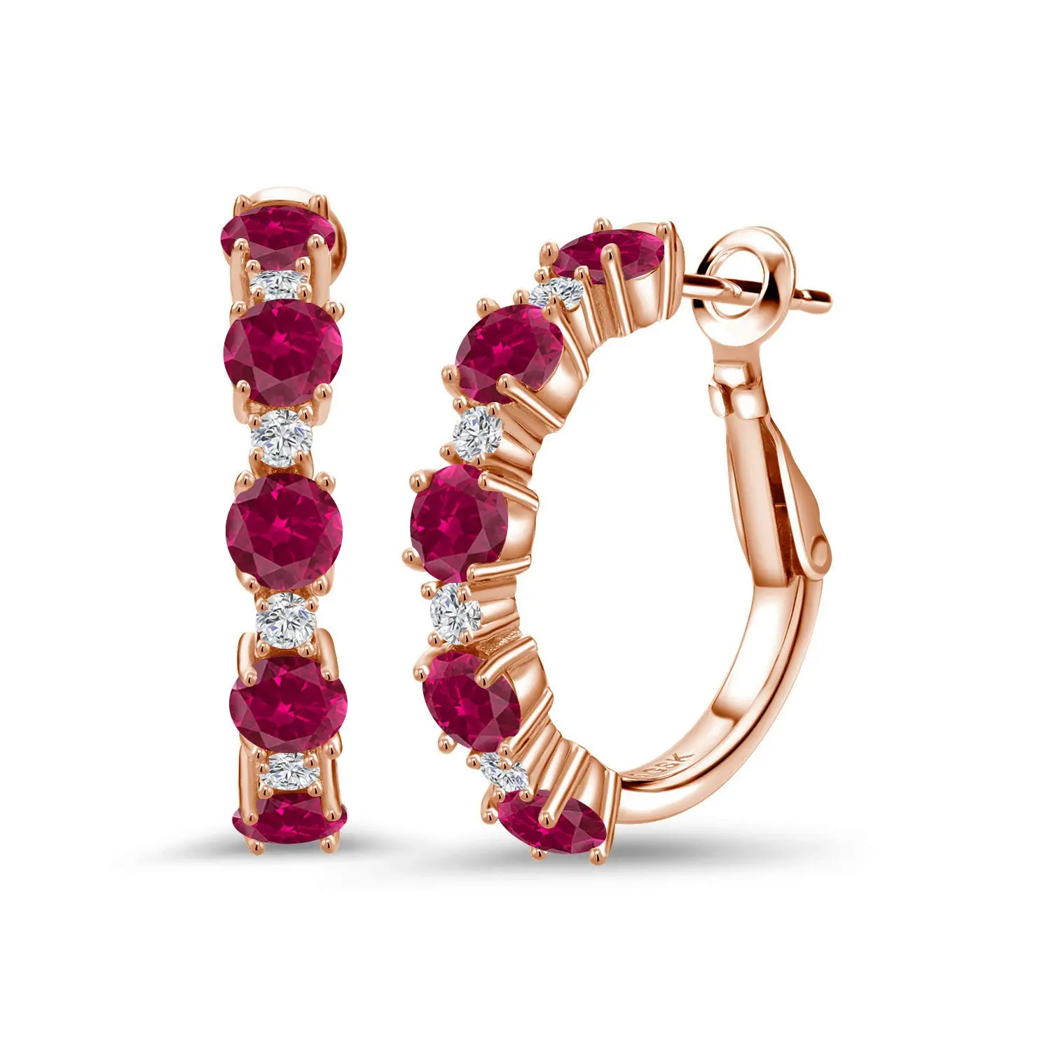18K Rose Gold Plated Silver Gemstone Birthstone and Lab Grown Diamond Hoop Earrings for Women | Round Cut 4MM and 1.9MM Stones | 1 Inch Diameter Hoops | Fine Jewelry for Her Mom Wife Women