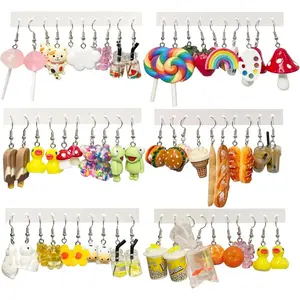 30 Pairs Weird Cute Funny Clip On Earrings-Gummy Bear Duck Drop Dangle Earrings for Women-Aesthetic Food Animal Earrings Set Magnetic Stainless Steel Stud
