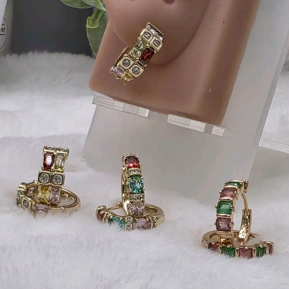 # 0475 14k Gold Plated Small Diamond Accent Multicolor Daily Wear Hoop Earrings, High-Quality