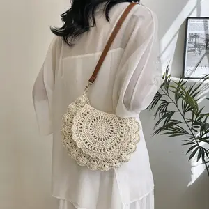Lace-trimmed Crossbody Cotton Woven Bag Openwork Straw Shoulder Bag for Vacation Beach Style Versatile Women's Accessory