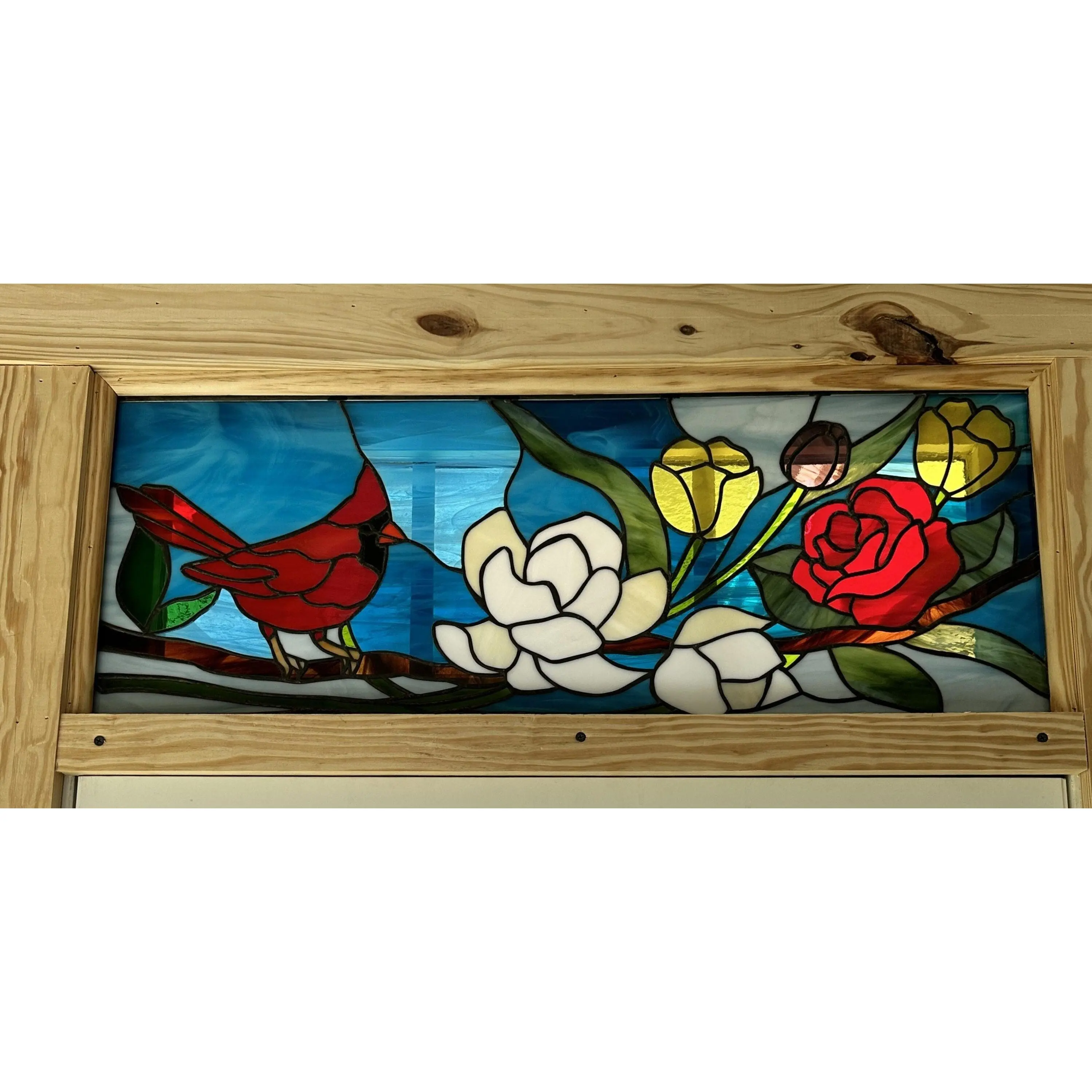 Stained Glass Transom Window TW-334 Cardinal and Magnolia
