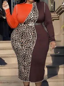Elegant Plus Size Leopard Print Long Sleeve Dress, Slim-Fit Design for All Seasons, Fashionable Women's Clothing