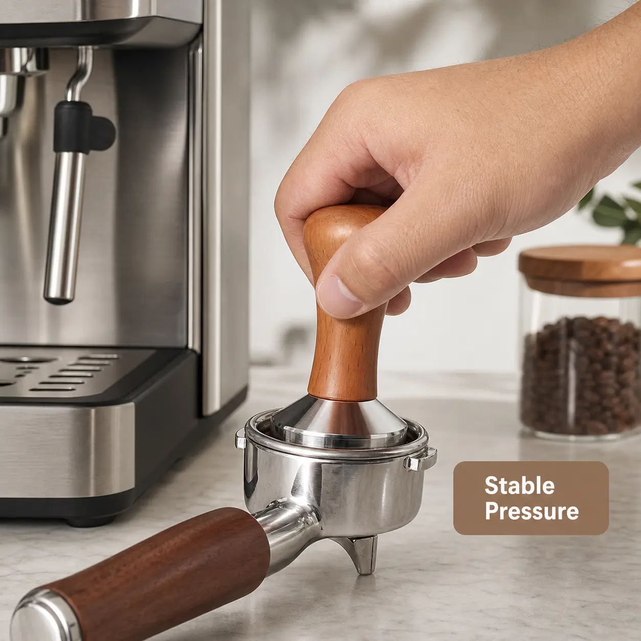 Coffee Tamper with Wooden Handle, Solid Stainless Steel Flat Base for Evenly Pressing Ground Coffee