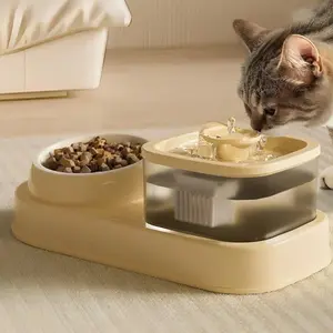 2-in-1 Automatic Water Feeder & Dual Bowls for Cats, Dry-Wet Separation Feeder with Sturdy Design, Convenient Feeding Supplies, Easy-to-Clean Flow Structure, Suitable for Small Dogs Reversible Pet