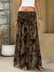 Womens Boho Paisley Maxi Skirt High Waist Ruched Elastic Waist Flowing A Line Long Skirt Lightweight Soft Draped Vintage Ethnic Bohemian Style Summer Vacation Beach Resort Casual Comfy Skirt Festival Streetwear Fashion Skirt