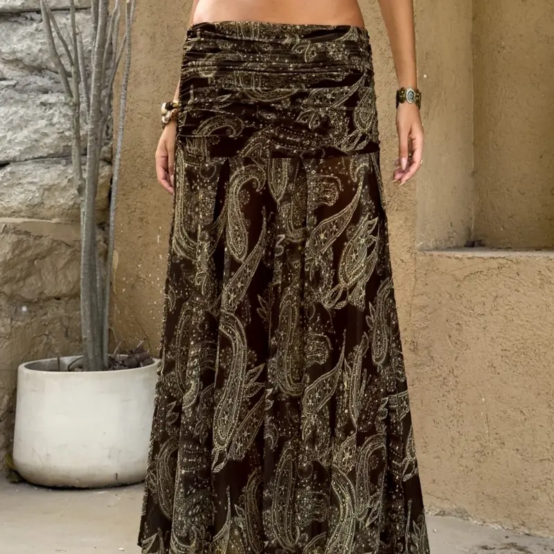 Boho Paisley Maxi Skirt High Waist Ruched Elastic Waist Flowing A Line Long Skirt Lightweight Soft Draped Vintage Ethnic Style Summer Vacation Beach Resort Casual Festival Streetwear Fashion Women Skirt Bohemian Style Skirt